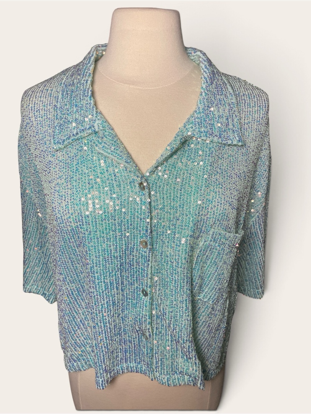 POL Sequin Button-Front Short Sleeve Top in Aqua Medium